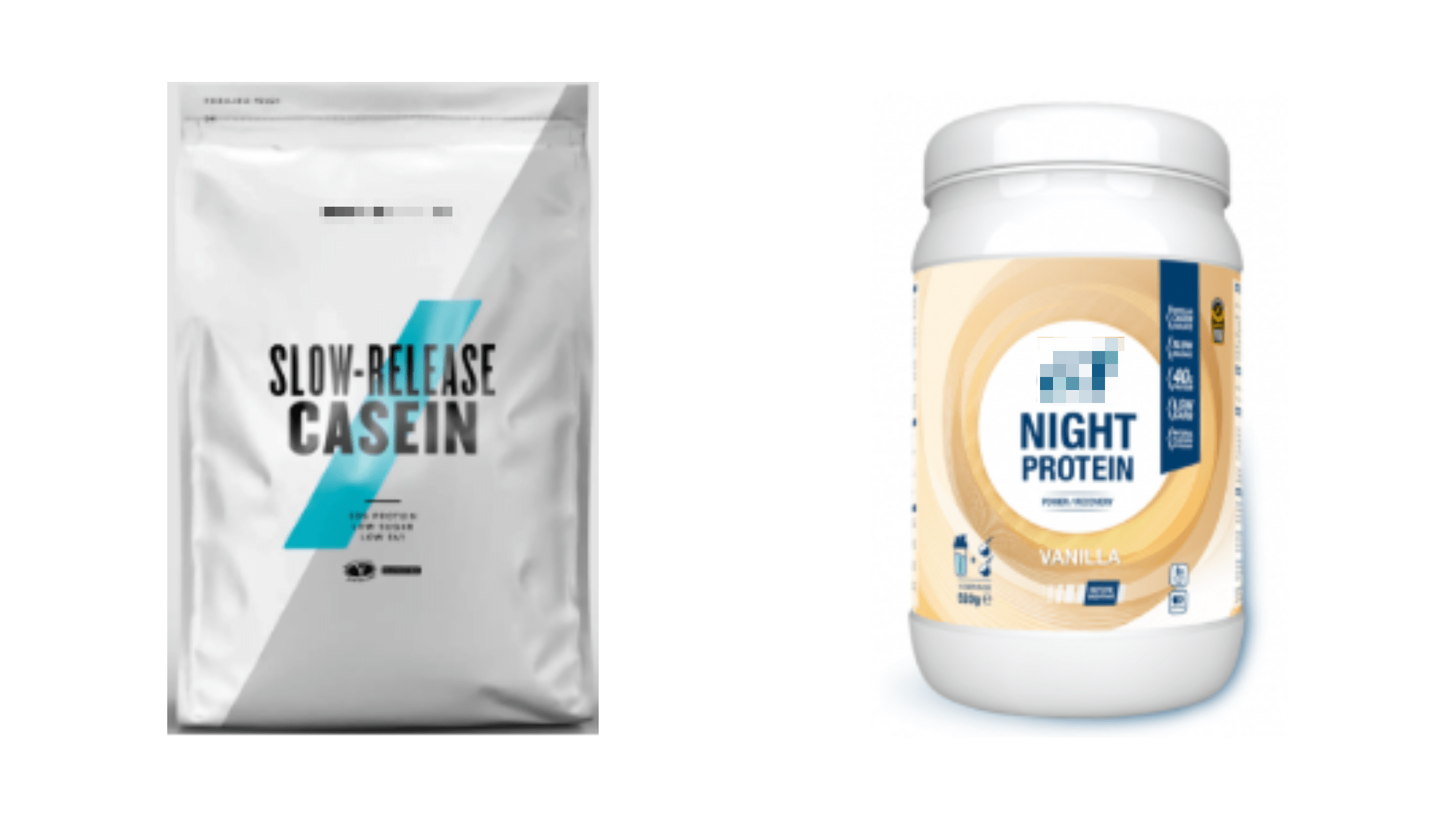 Voorbeelden van supplementen met caseïne-eiwit, bedoeld om te drinken voor het 	slapengaan.
